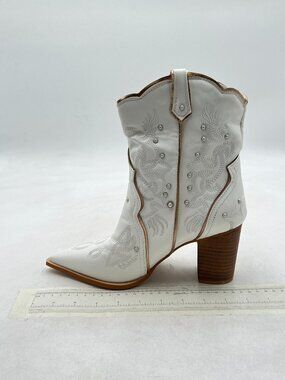 White Rhinestone Western Embroidered Cowgirl Boots Pointed Toe Chunky Heel Boot